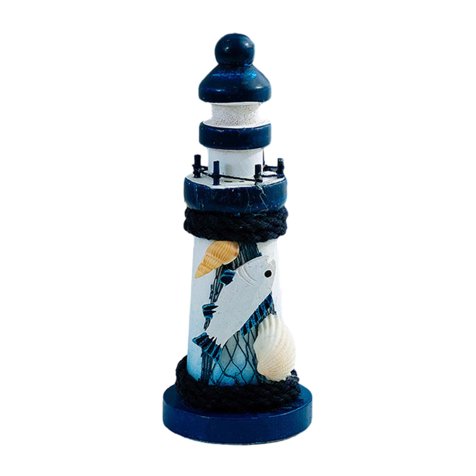 Rikuuui Wooden Lighthouse Figurine, Handmade Nautical Lighthouse Beach Decoration, White Blue Coastal Tabletop Decor for Home, Living Room D