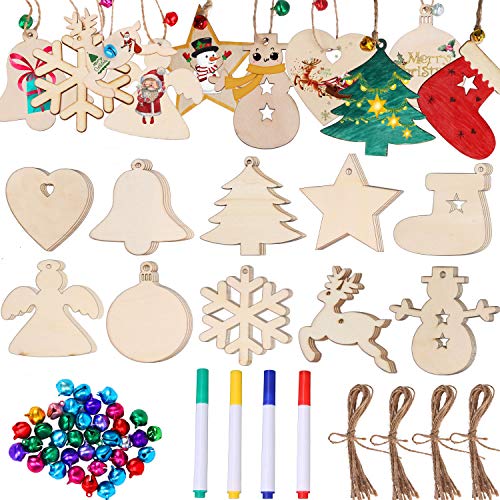 50 Pieces Christmas Wooden Ornaments Unfinished Wood Slices Hanging for Festivals DIY Crafts Decoration, 10 Styles