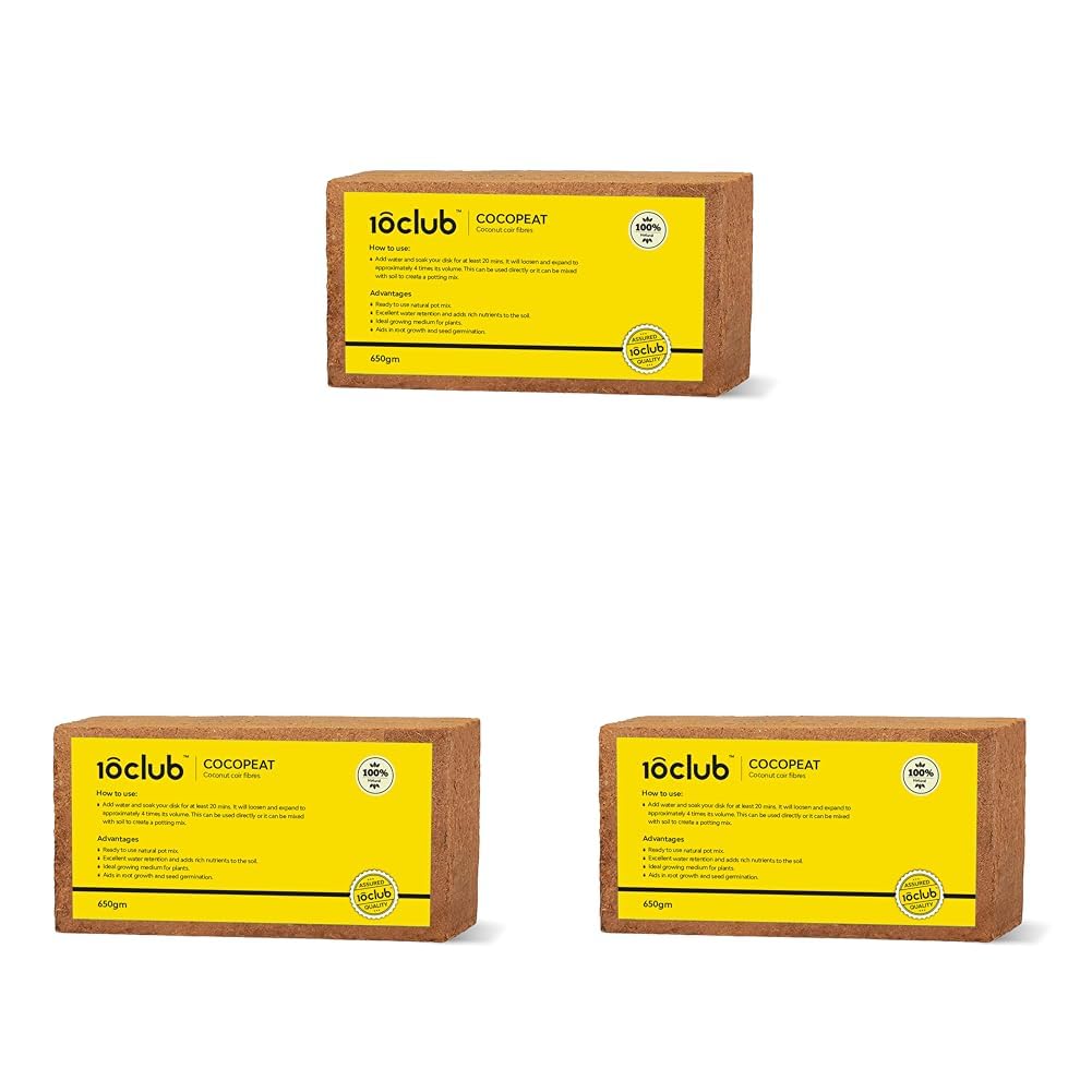 Kraft Seeds 10 Club |Cocopeat Block - 3 Pack, 650gm | Expands up to 3.2 Kg | Natural Coconut Fibre | Fertilizer for Home Garden | Organic Manure and Compost for Pot Plants | Potting Soil Mix