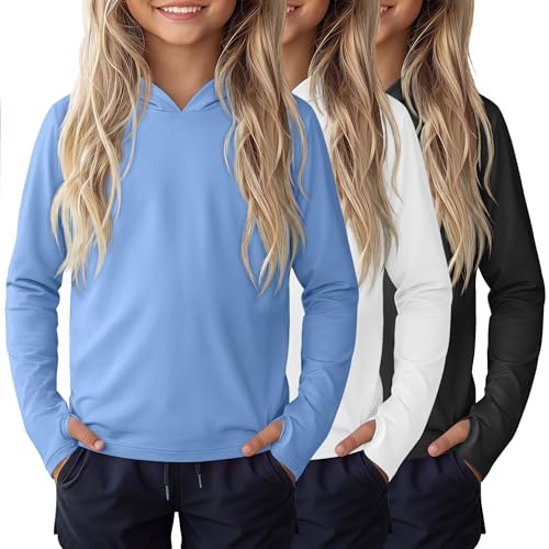Image of 3 Pack Girls Sun Protection Swim Shirts UPF 50+ Long Sleeve Rash Guard Lightweight Quick Dry Hoodies with Thumbhole