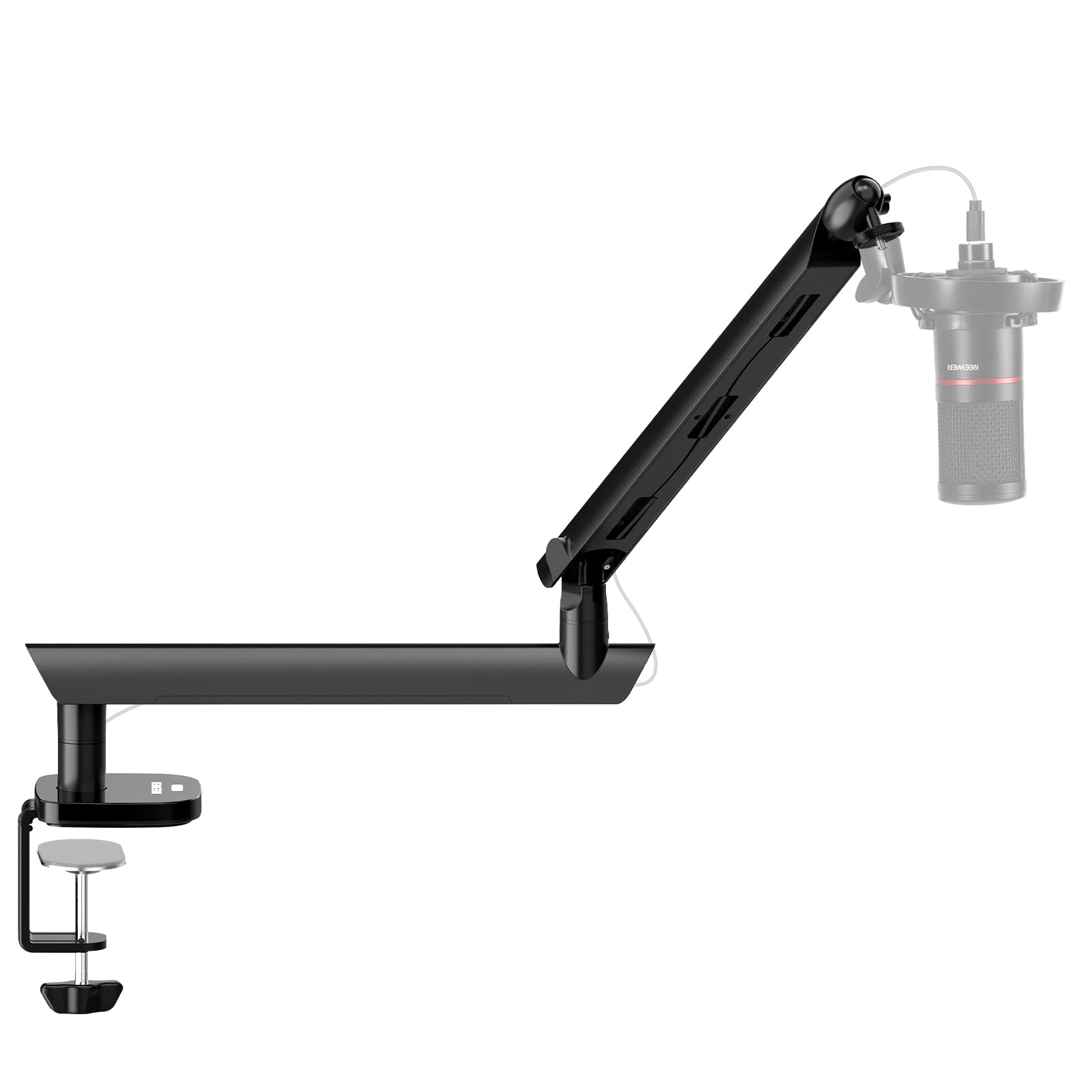 NEEWER MS007 Stojak mikrofonowy, niskoprofilowy uchwyt na mikrofon z wysięgnikiem, głowica kulowa 360°, ulepszone kanały kablowe, adaptery 3/20.3 cm 5/20.3 cm do studia gier strumieniowych podcastów
