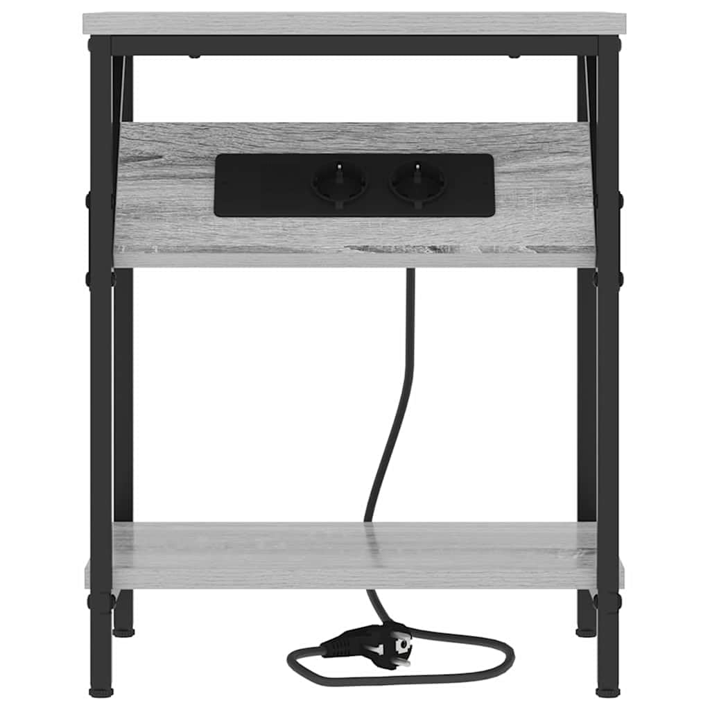 Mesa de Noche Moderna con Estantería Integrada y Fuente de Poder, Diseño Rectangular con Patas de Acero Negro y Superficie de Madera Resistente para Dormitorio Contemporáneo