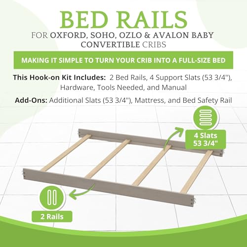 Image of Full-Size Conversion Kit Bed Rails for Oxford, Soho, Ozlo & Avalon Baby Convertible Cribs - Solid Wood - Toddler and Adult Rail for Full-Size Bed - Nursery and Baby Furniture (Stone Wash, Hook-On Kit)