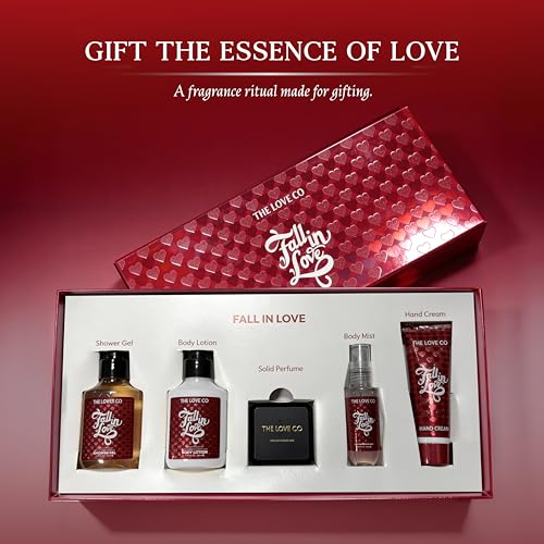Image of THE LOVE CO. Fall in Love Gift Set for Women | Body Wash, Body Lotion, Body Mist, Hand Cream & Solid Perfume | Luxury Bath & Body Pampering Kit | Birthday, Anniversary & Special Occasion Gift | Premium Vegan Packaging Pack of 5