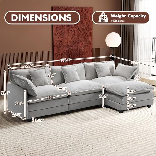 Image of Ihanherry 111.4 inch L Shaped Modern Sofa Modular Sectional Cloud Couch with Ottoman, 4-Seat Chenille Deep Seat Sofa with Pillow for Living Room, Bedroom and Apartment, Grey