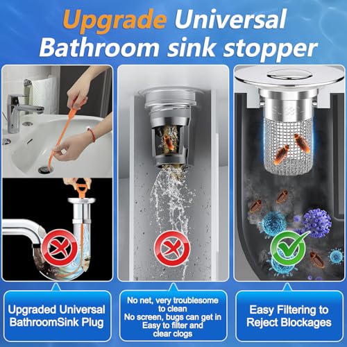 Image of Sink Stopper Hair Catcher, Pop-up Sink Drain Strainer with Removable Stainless Steel Strainer Basket Hair Catcher,Bathroom Sink Strainer for Bathroom Sink Stopper Replacement (2, Silver)