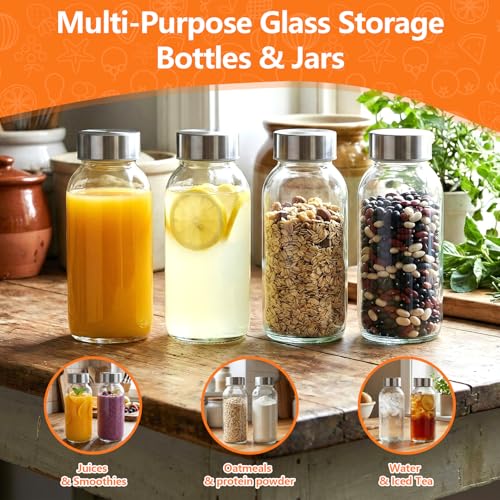 Image of Luxfuel 8 oz Glass Juice Bottles 4 Pack with Lid, Leak Proof Glass Bottle | Reusable Clear Glass Bottle with Stainless Steel Lids for Juice Shots, Smoothies, Wellness Drinks, Fridge & Dishwasher Safe