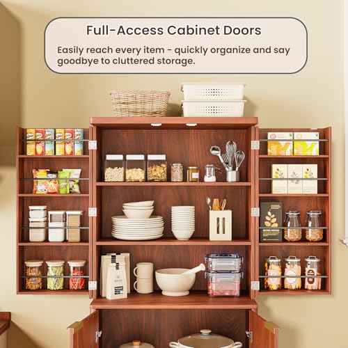 Image of Ball & Cast 72″ Fluted Pantry Cabinet,Versatile Wood Storage Cabinet with 4 Adjustable Shelves,6 Door Shelves,Moden Kitchen Cabinet w /Anti-Tip Safety for Kitchen,Dining Room,Living Room,Walnut