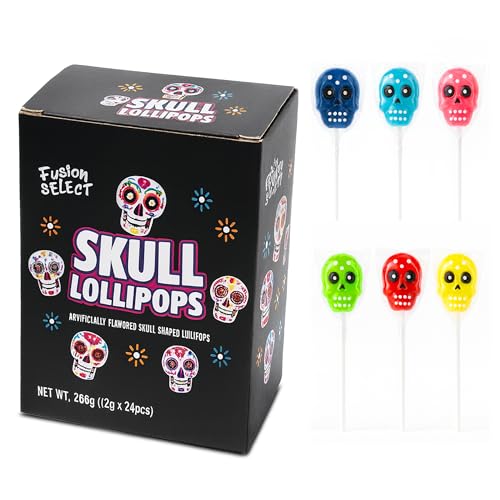Fusion Select 24 Pcs Sugar Skull Lollipops - Colorful Halloween & Day of the Dead Candy - Individually Wrapped Novelty Treats for Kids - For Trick or Treat, Themed Party Favors & Celebrations