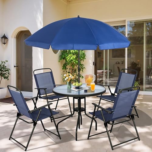 Vongrasig 6 Pieces Folding Patio Dining Set, All Weather Small Metal Outdoor Table and Chair Set, Garden Patio Furniture Set w/Umbrella, Glass Table & 4 Folding Chairs for Lawn, Backyard, Blue