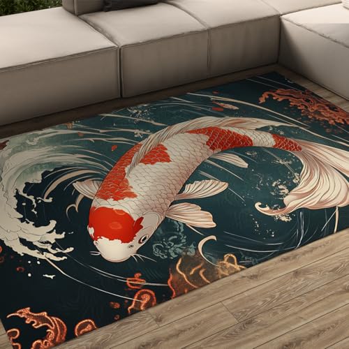 モダン水彩鯉フィッシュラグ寝室用和風抽象ウェーブラグリビングルームオフィス用低パイル滑り止め洗えるカーペット 160x200cm