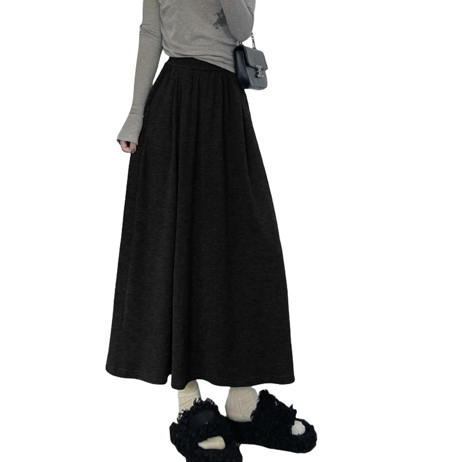 Spódnica z dzianiny kleisty ryż spódnica dla kobiet jesień i zima styl college casual wysoka talia wąska linia linia długa spódnica-czarna A-xl