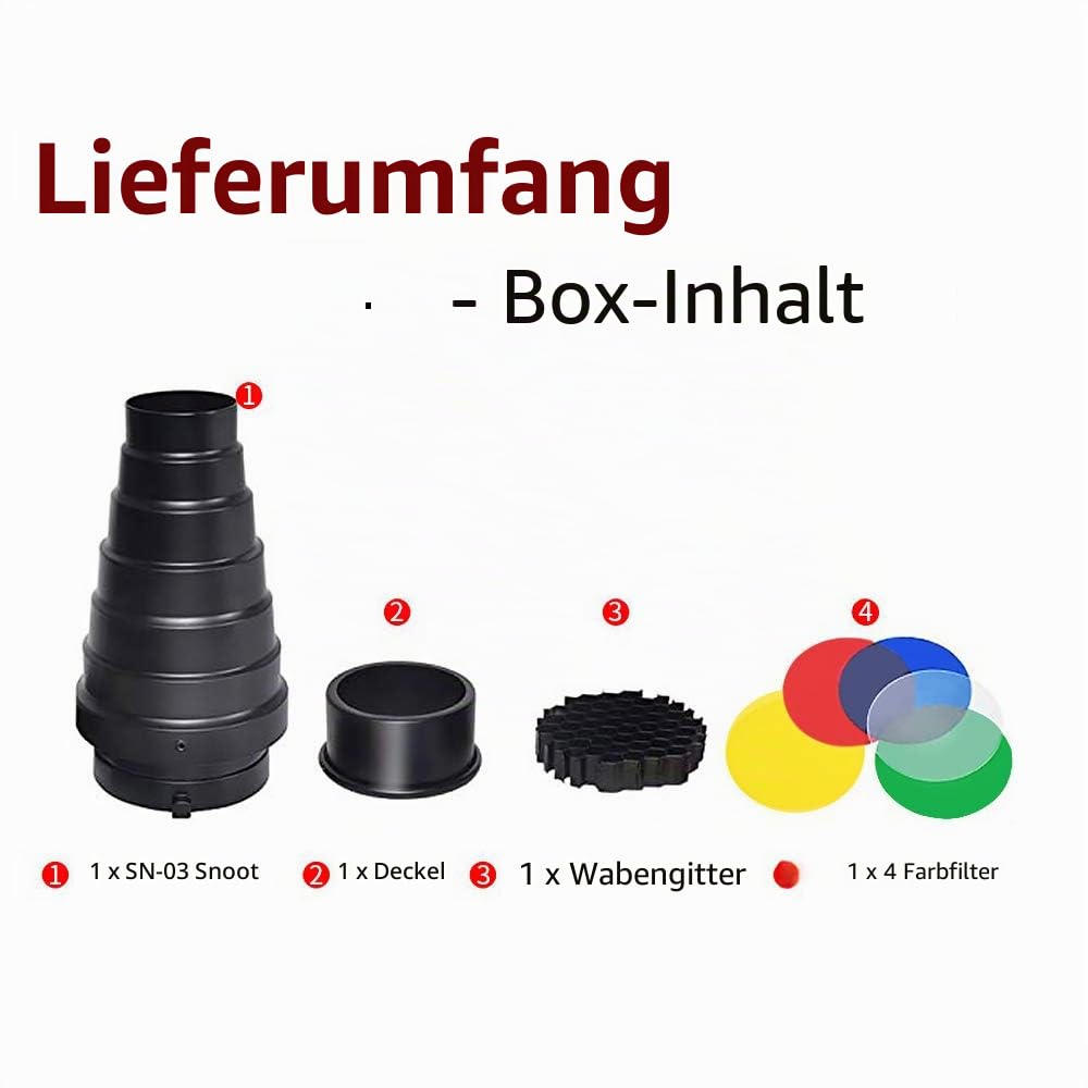 Soonpho Konisches Snoot-Kit aus Aluminiumlegierung für Bowens-Mount-Strobe-Flash-Speedlite, inkl. Wabengitter und 5 Farbfilter
