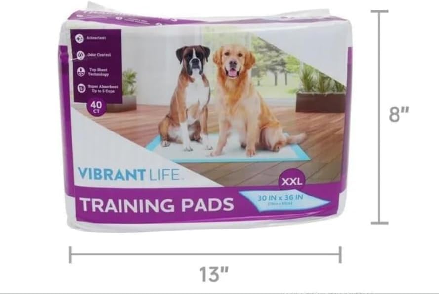 Vibrant Life Training Pads, Dog & Puppy Pads, XXL, 30 x 36 in, 40 Count, White, VIB-7635