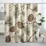 GDHBLING Christmas Pine Cones Shower Curtain Set 72 Inch with Hooks, Aesthetic Vintage Xmas Branch Bathroom Decor, Holly Printed Pattern Bath Accessories