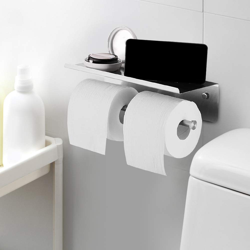 Tissting Portarotolo Doppio con ripiano portacellulare Portarotolo in Acciaio Inox Moderno Portarotolo da Parete Organizzatore da Bagno per Bagno di casa, Bagno dell'hotel (10,2 x 4,3 x 4,5 Pollici)
