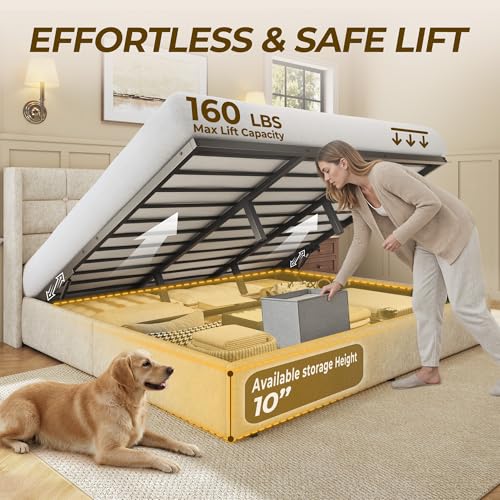 Image of HISOFT King Size Lift Up Storage Bed Frame, Linen Upholstered Platform Bed with Wingback Headboard, Heavy Duty Hydraulic Gas Lift Underbed Space, Reinforced Full Metal Slats, Noise Free, Beige