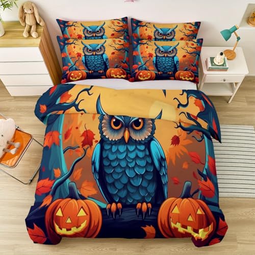 Funda Nórdica de Halloween 200 x 200 cm - Dibujo Animado Calabaza Búho Juego de Funda Nórdica de Fácil Cuidado 3 Piezas, Amarillo Suave Microfibra para Niños Niñas Adolescente