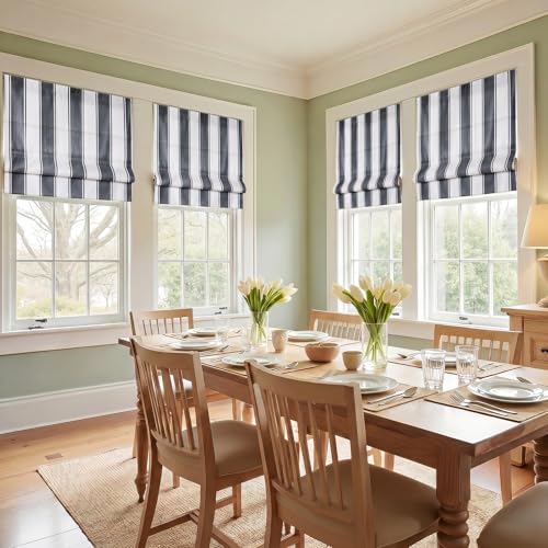Image of TWOPAGES No Drill Wide Stripe Roman Shades Cordless Roman Blinds for Windows, Custom Made Light Filtering Blackout Blinds Farmhouse Shades for Kitchen, Black Bordered Wide Bar, 1 Piece