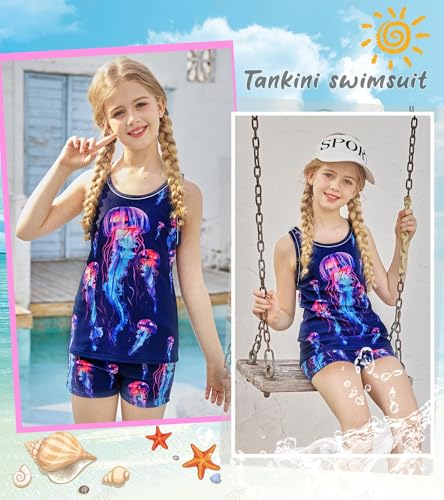 Image of UNIFACO Girls Swimsuits Two Piece Tankini Bathing Suits Boyshort Summer Beach Rash Guard Swimwear for 4-13T