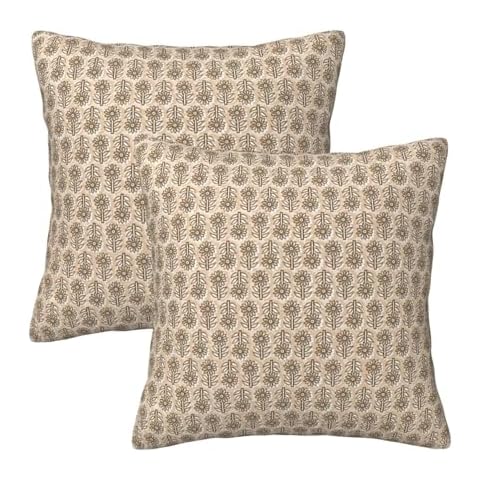 HOSTECCO Block Print Throw Pillow Covers 20x20 inch Set of 2 Vintage Cream Beige Floral Pillow Cases Flower Farmhouse Decorative Cushion Covers for Sofa Couch Cover
