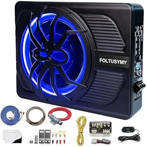 10″ 800W Powered Car Subwoofer, 2024 Slim Under Seat Car Subwoofer Powered, High/Low Level Input, Car/Truck Audio Sub Built in Amplifier with Blue LED Ambient Light