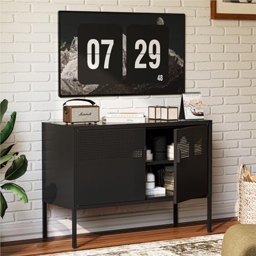 Image of COFaR TV Stand for TVs up to 75 Inch, 40''L Media Console with Ventilation Doors, Metal Entertainment Center with Adjustable Shelves & 120Lbs Storage for Living Room & Bedroom, Black