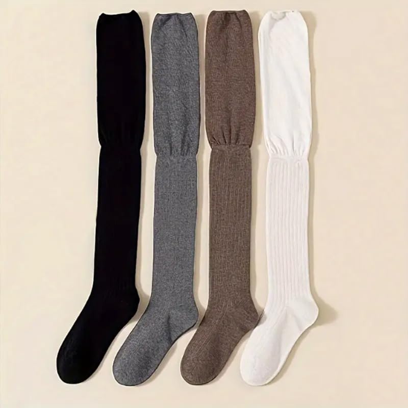 4 Pairs of Women's New Spring And Autumn Slimming Knee-high Heel Socks, Solid Color Loose High Top Socks