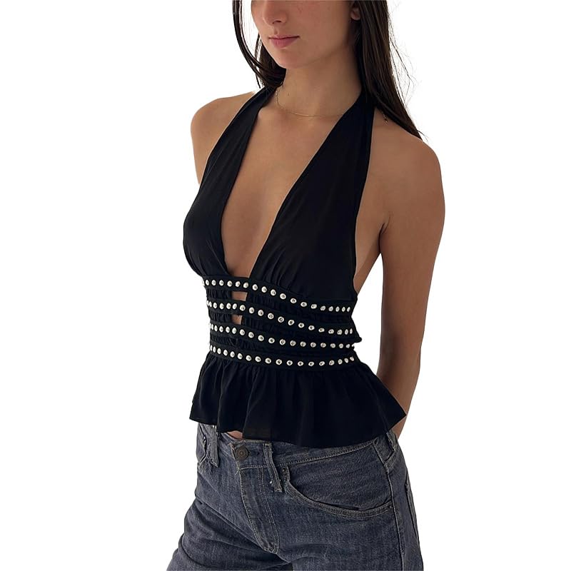 Women's Deep V Halter Neck Vest Slim fit Sexy Hollow Backless top