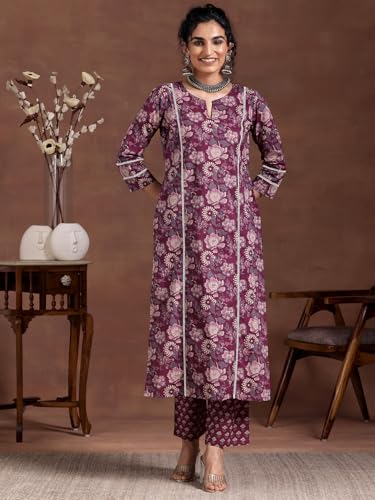 Image of Libas Burgundy Printed Cotton Blend Straight Kurta set for Women | daily wear suit