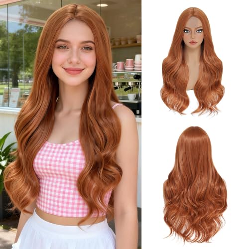 AliRobam Copper Long Wavy Wig for Women 26 Inch Middle Part Synthetic Curly Wigs Natural Hairline Heat Resistant Fiber Natural Looking for Daily Wear Party Costume