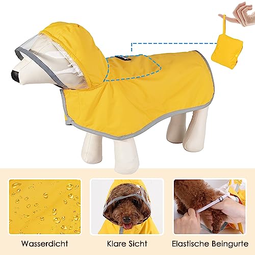 SlowTon Regenmantel Hund wasserdicht, durchsichtige doppellagige Regenjacke Hund mit Kapuze für kleine, mittlere und große Hunde, Hunderegenmantel mit reflektierendem Streifen und Aufbewahrungstasche
