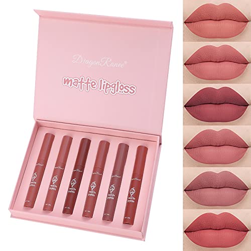MTUVKGT Lot de 6 Brillants à Lèvres Mat, Ensemble de Rouge à Lèvres Liquide Nude Longue Durée, Ensembles de Rouge à Lèvres non Collants, Maquillage pour...