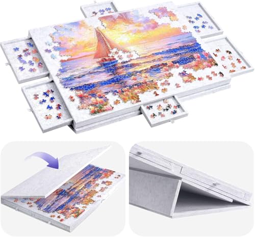 Tilting Jigsaw Puzzle Board Foldable Puzzle Board with 2-in-1 Stand & Cover Lightweight Puzzle Boards with 6 Drawers Portable Felt Jigsaw Table Puzzle Storage for Up to 1000 Pieces (Light Grey)