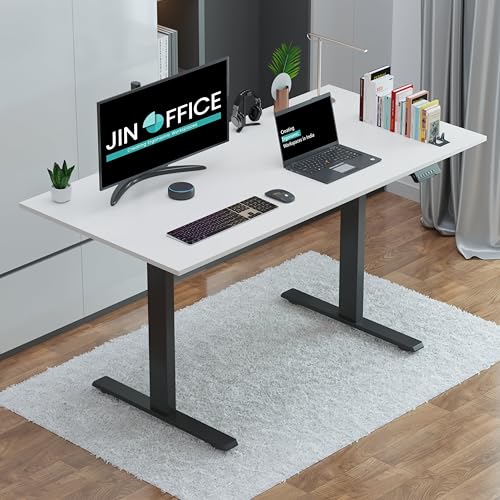 JIN OFFICE Zenith Electric Height Adjustable Table| Standing Desk with 100 Kg Wt. Capacity & 3 Year Warranty| Ergonomic Desk| Sit Stand Table with 3 Memory Preset| Black & White|1500X750mm/25MM Thick