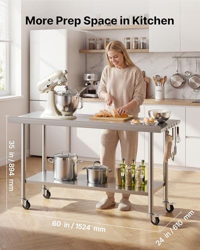 Image of VEVOR Stainless Steel Work Table, 24x60 Inch Food Prep Table with Backsplash, Commercial Kitchen Workstation with Adjustable Undershelf, Metal Heavy Duty Utility Worktable, for Restaurant Home Outdoor