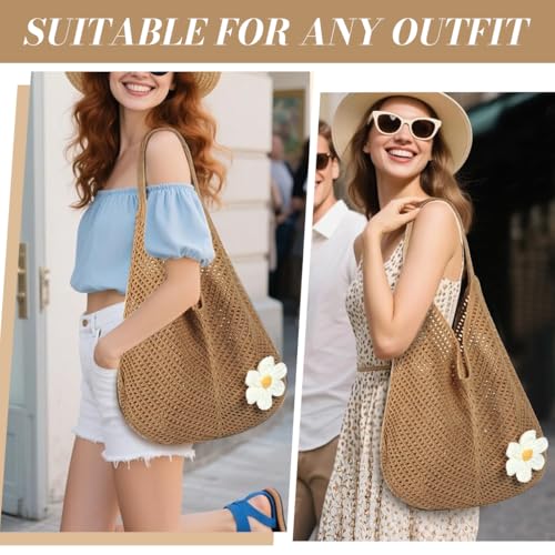Image of PALAY Tote Bag for Woman Crochet Mesh Beach Shoulder Bags with Flower Brooch Summer Vacation Knitted Bag for Women Shoulder
