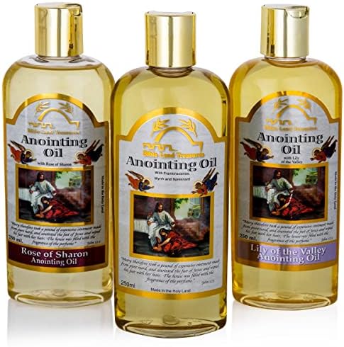 3 Bottle Set of Holy Land Treasures Anointing Oils, Biblical Oils with Lily of the Valleys, Rose of Sharon, Frankincense, Myrrh, and Spikenard, Anointing Oils from the Holy Land. 8.45 fl.oz | 250 ml