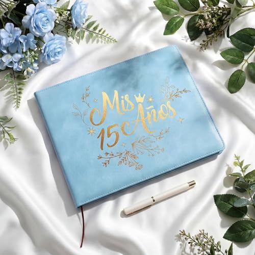 Image of MotiMind Quinceanera Guest Book with Pen 11 x 8 Inch Libro De Firmas Para 15 Anos Quinceanera Leather Hardcover Signature Book Guest Sign in for 15th Party Favors Decoration(Blue,Fresh)