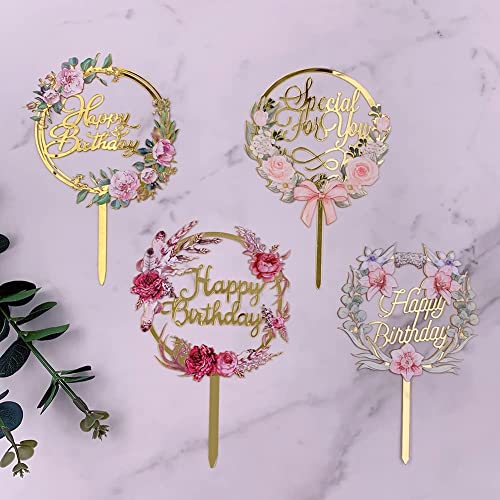4Pcs Gold Cake Toppers Flower Cake Toppers Acrylic Cake Topper Happy Birthday Cake Topper Cake Decoration Supplies #TOP3