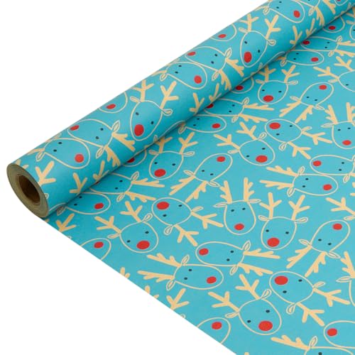 Papel Kraft para embrulhar presentes natalícios: Rolo de papel Kraft azul-celeste, reciclável, com cabeça de rena para o Natal, aniversário e ação de graças - 43 cm x 15 m