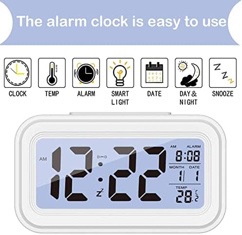 Digital Alarm Clock, Bedside LED Display with Temperature Snooze Smart Brightness Sensor, 12/24H Battery Clock with Date Calendar for Bedroom Home Office and Travel