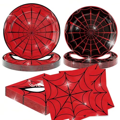 LaVenty pratos de cartão vermelhos e pretos louça de super-heróis para aniversário louça com tema de arana jogo para festas infantis louça decorativa para crianças conjunto de festa