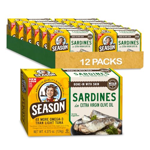 Season Sardines in Extra Virgin Olive Oil, 4.37 Oz Tins, 12-Pack