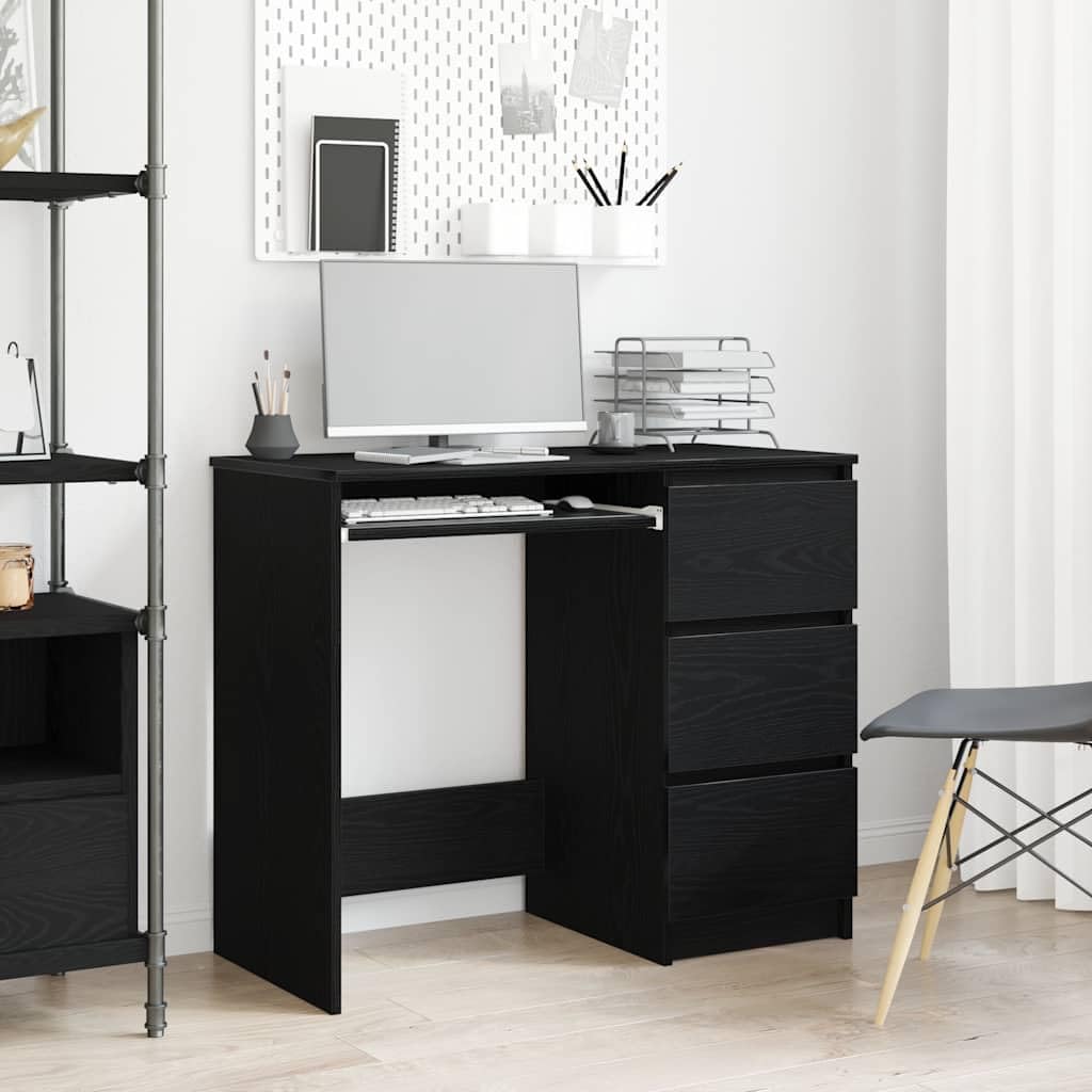 Scrivania nera effetto rovere, 90 x 45 x 76 cm, materiale in legno, robusto computer desk per casa, ufficio, gaming, con 3 cassetti, molto spazio