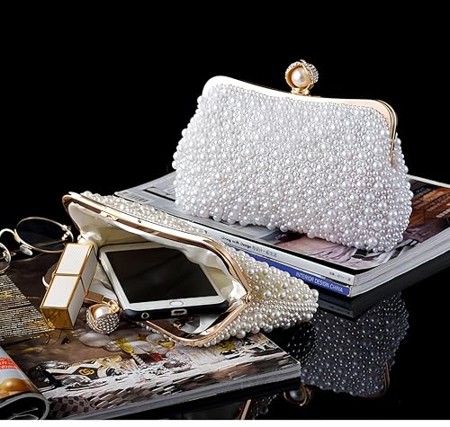 Image of Women Pearl Evening Bag Bride Beaded Clutch Purse Cream White for Wedding Party