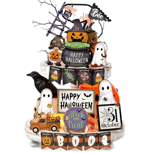 MiniInflat 1 Sets Halloween Tiered Tray Decor Set Happy Halloween Wooden Signs Rustic Table Centerpieces Farmhouse Decor for Home Table, Tray Not Included(Pumpkin,Colorful)