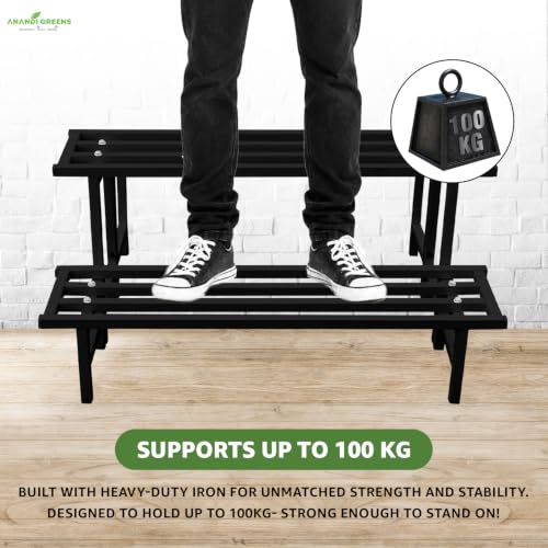 Image of Anandi Green's Black Heavy Duty 2 Tier Metal Plant Stand for Grow Bags Planters and Pots Rust Resistant Plant Pot Holder Rack for Outdoor Balcony Indoor Living Room and Garden Supports Up to 100 kg