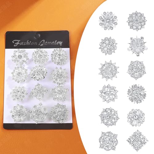 Image of 12Pcs Rhinestone Flower Brooch Pins Set Crystal Rhinestone Brooches for Women Silver Brooch Pins Decorative Pins Fashion Jewelry Pins for Women DIY Bridal Wedding Bouquet