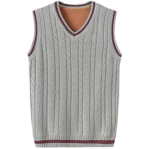 Mens Winter V-Neck Sleeveless Vest Warm Lining Knitwear Knitted Waistcoat Sweater Tank Tops Light Grey XL Cover